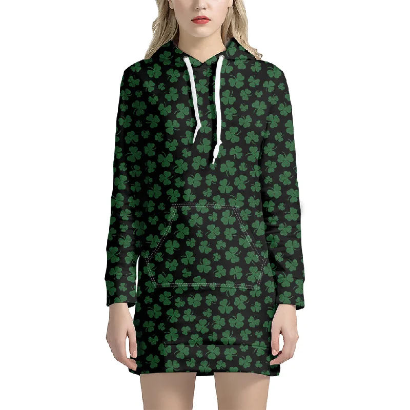Black And Green Shamrock Pattern Print Pullover Hoodie Dress