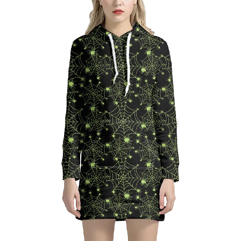 Black And Green Spider Web Pattern Print Pullover Hoodie Dress