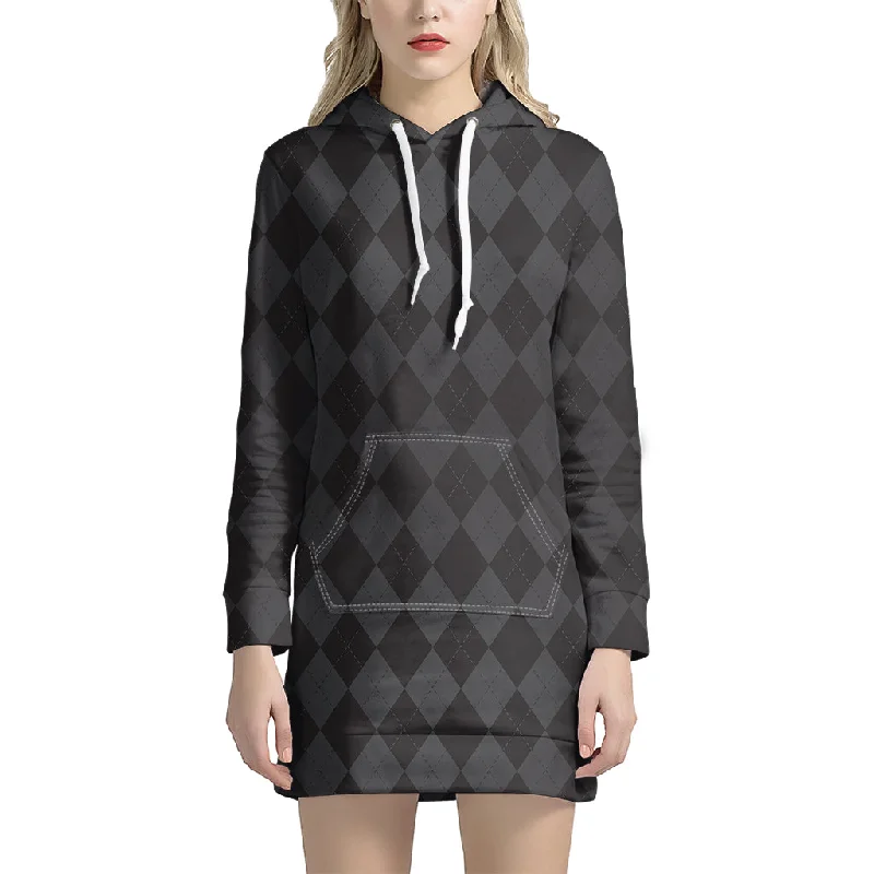 Black And Grey Argyle Pattern Print Pullover Hoodie Dress