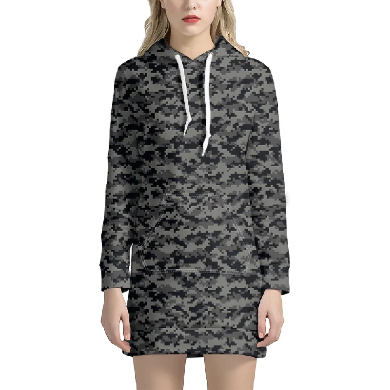 Black And Grey Digital Camo Print Pullover Hoodie Dress