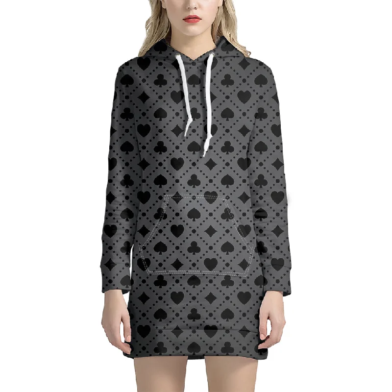 Black And Grey Playing Card Suits Print Pullover Hoodie Dress