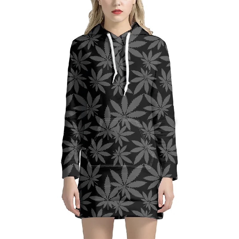 Black And Grey Pot Leaf Pattern Print Pullover Hoodie Dress