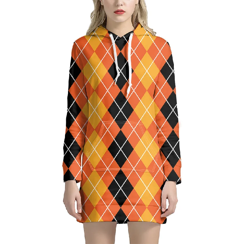 Black And Orange Argyle Pattern Print Pullover Hoodie Dress