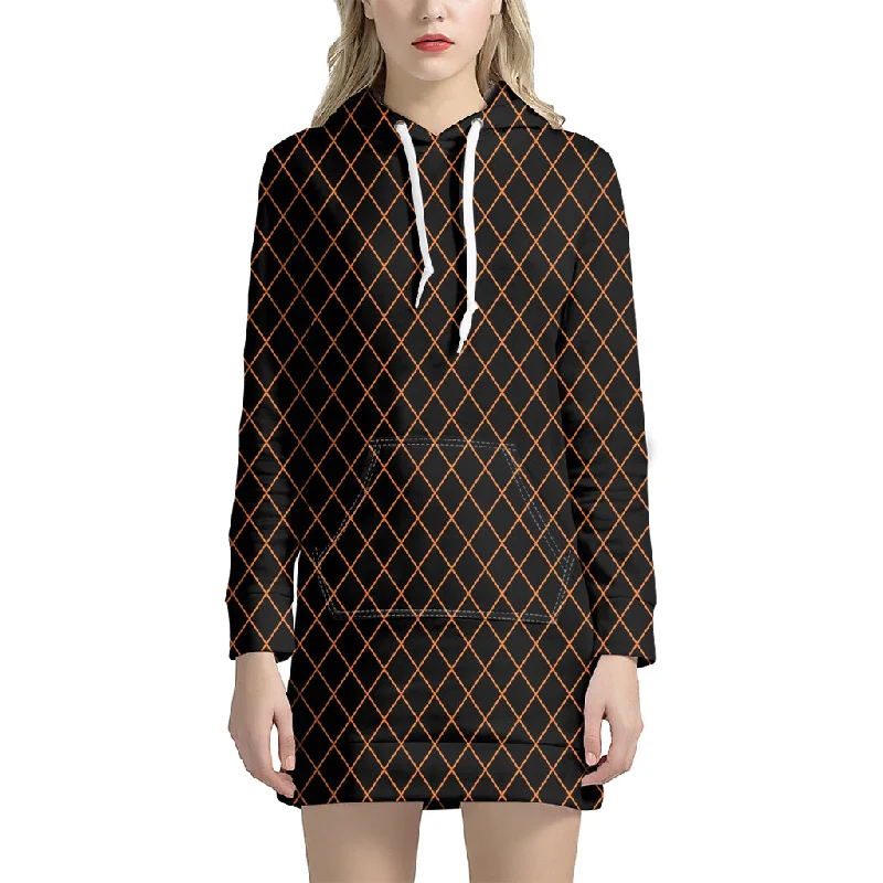Black And Orange Harlequin Print Pullover Hoodie Dress
