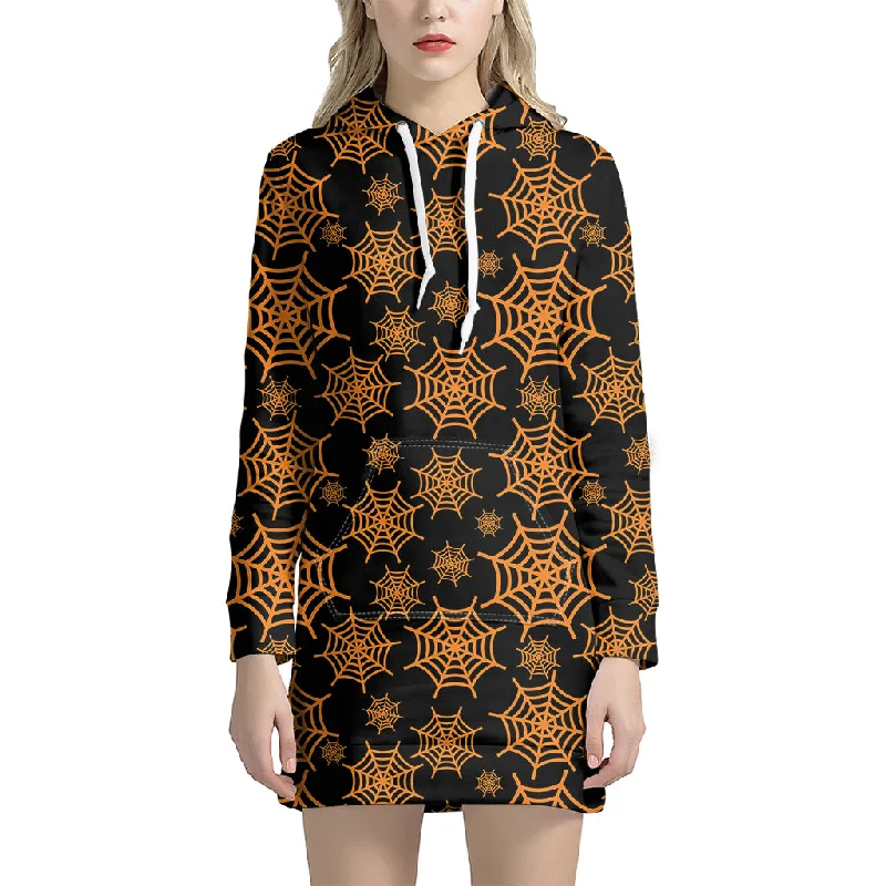 Black And Orange Spider Web Print Pullover Hoodie Dress