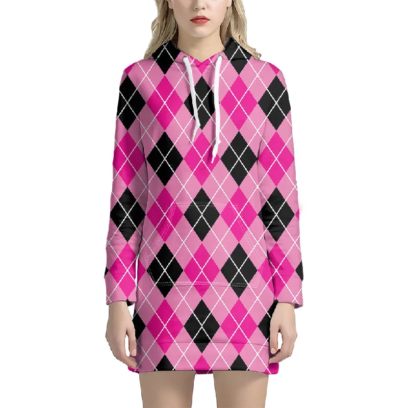 Black And Pink Argyle Pattern Print Pullover Hoodie Dress