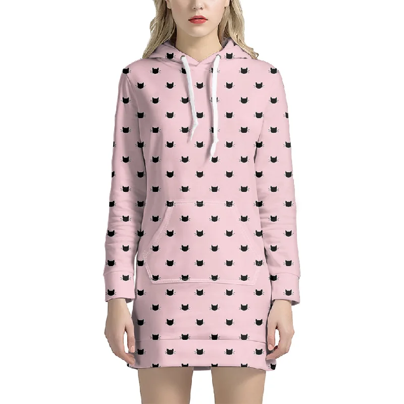 Black And Pink Cat Pattern Print Pullover Hoodie Dress