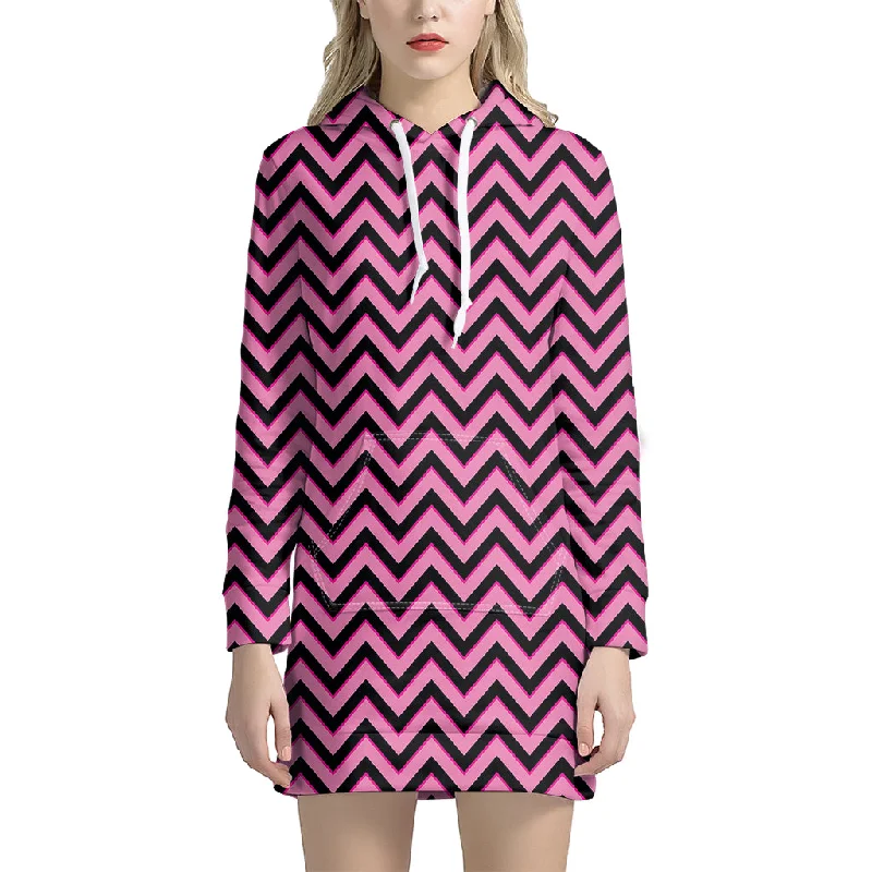 Black And Pink Chevron Pattern Print Pullover Hoodie Dress