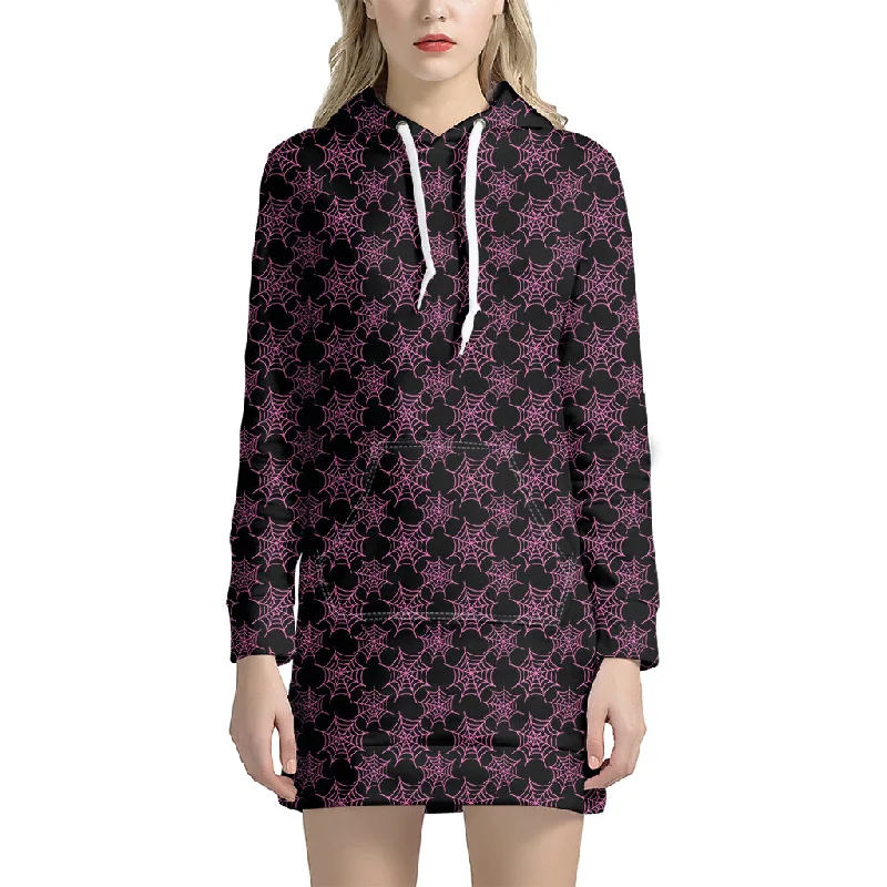 Black And Pink Spider Web Pattern Print Pullover Hoodie Dress