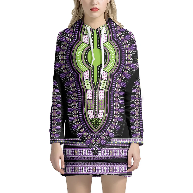 Black And Purple African Dashiki Print Pullover Hoodie Dress