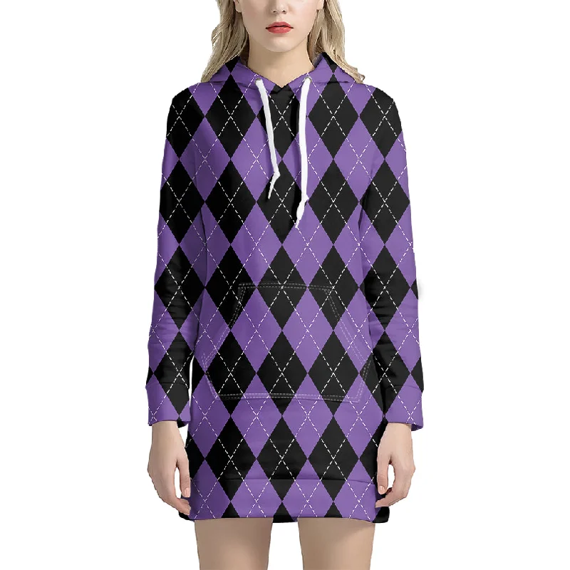 Black And Purple Argyle Pattern Print Pullover Hoodie Dress