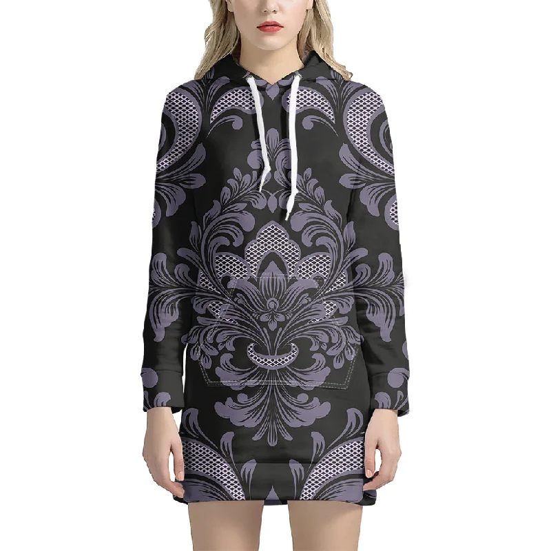 Black And Purple Damask Pattern Print Pullover Hoodie Dress