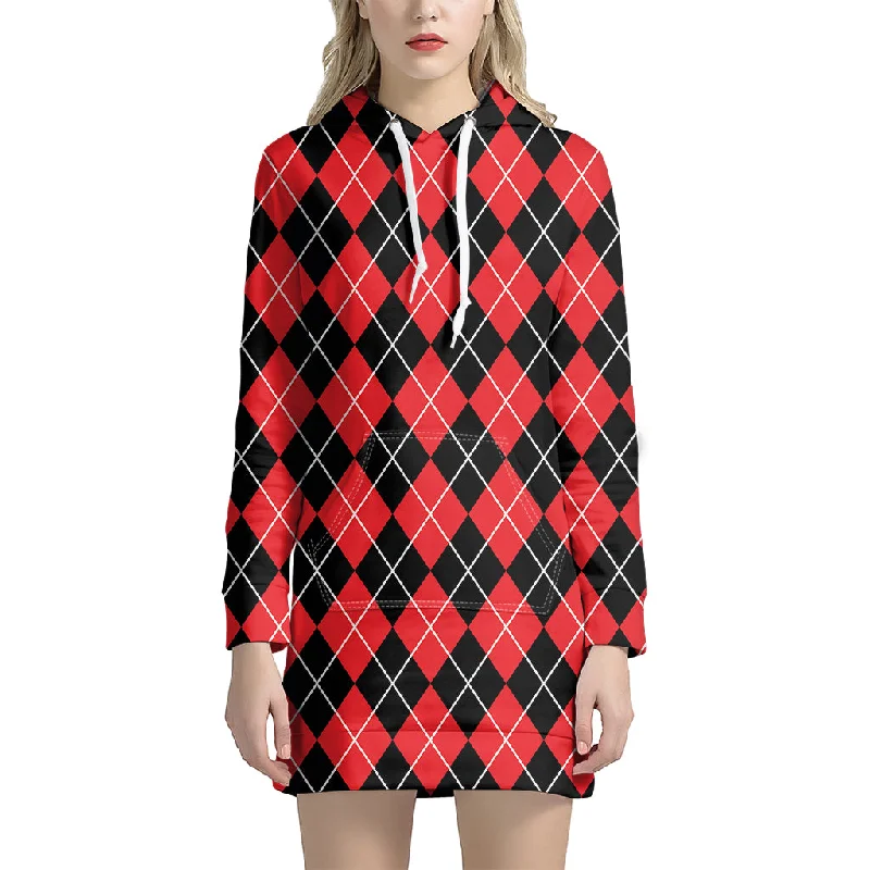 Black And Red Argyle Pattern Print Pullover Hoodie Dress