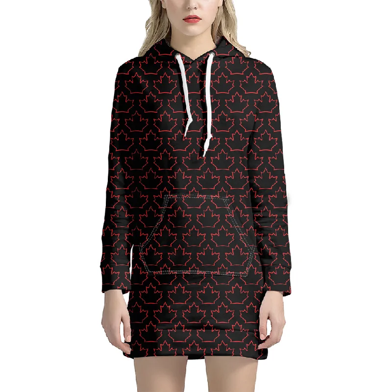 Black And Red Canadian Maple Leaf Print Pullover Hoodie Dress