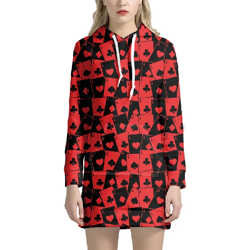 Black And Red Casino Card Pattern Print Pullover Hoodie Dress