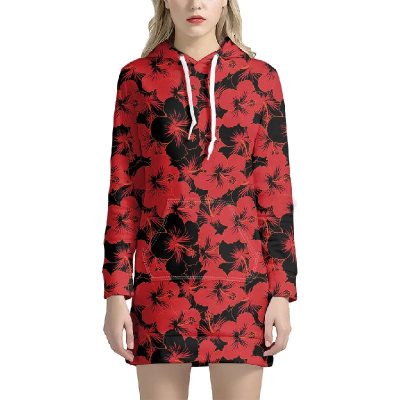 Black And Red Hibiscus Pattern Print Pullover Hoodie Dress