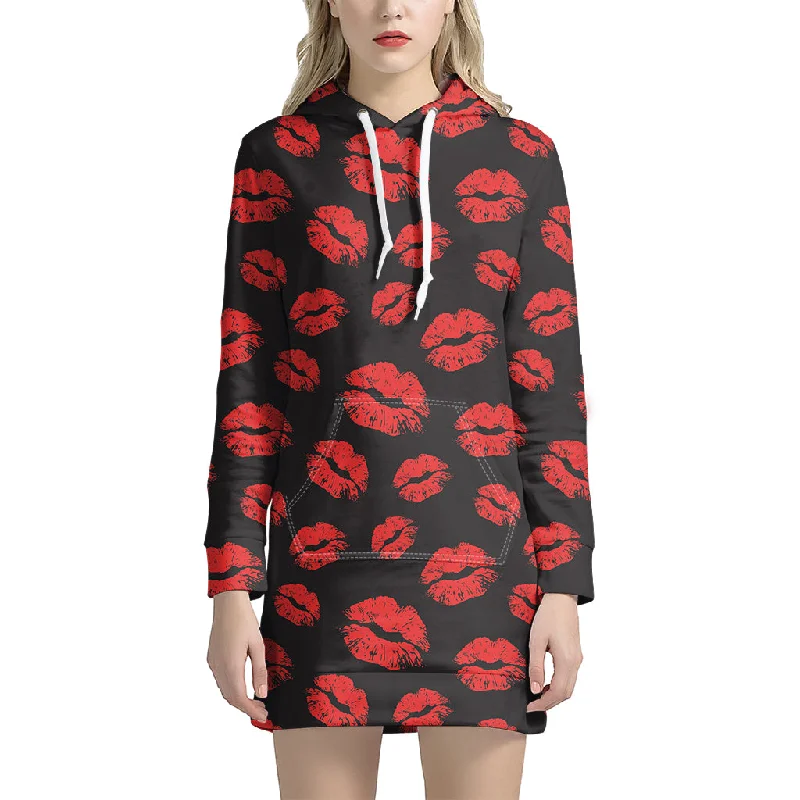 Black And Red Lips Pattern Print Pullover Hoodie Dress
