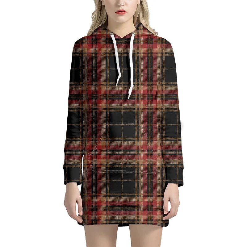 Black And Red Stewart Tartan Print Pullover Hoodie Dress