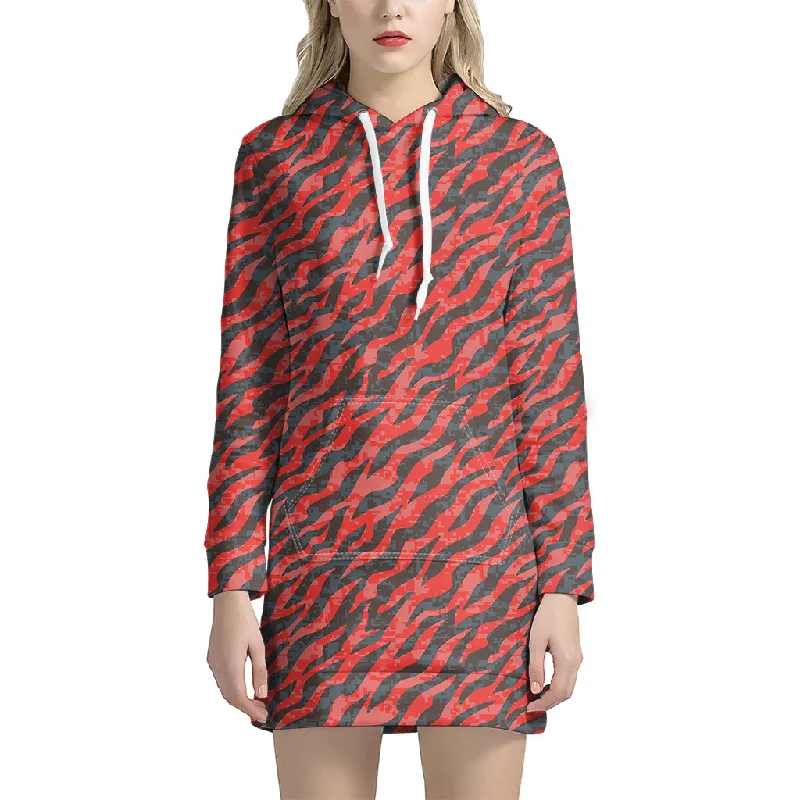 Black And Red Tiger Stripe Camo Print Pullover Hoodie Dress