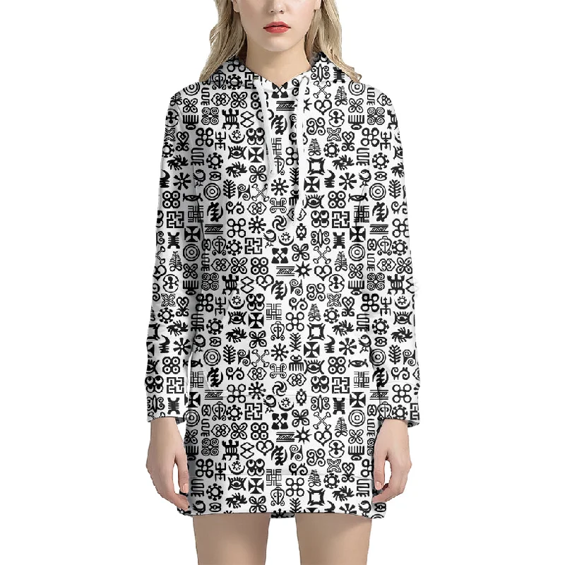 Black And White Adinkra Tribe Symbols Pullover Hoodie Dress