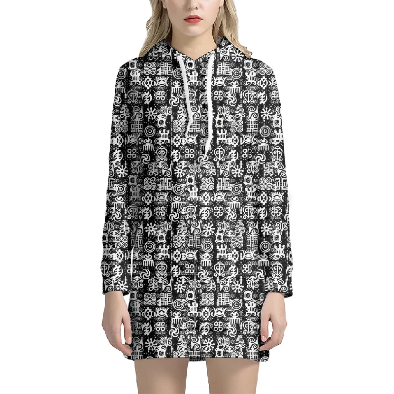 Black And White African Adinkra Symbols Pullover Hoodie Dress