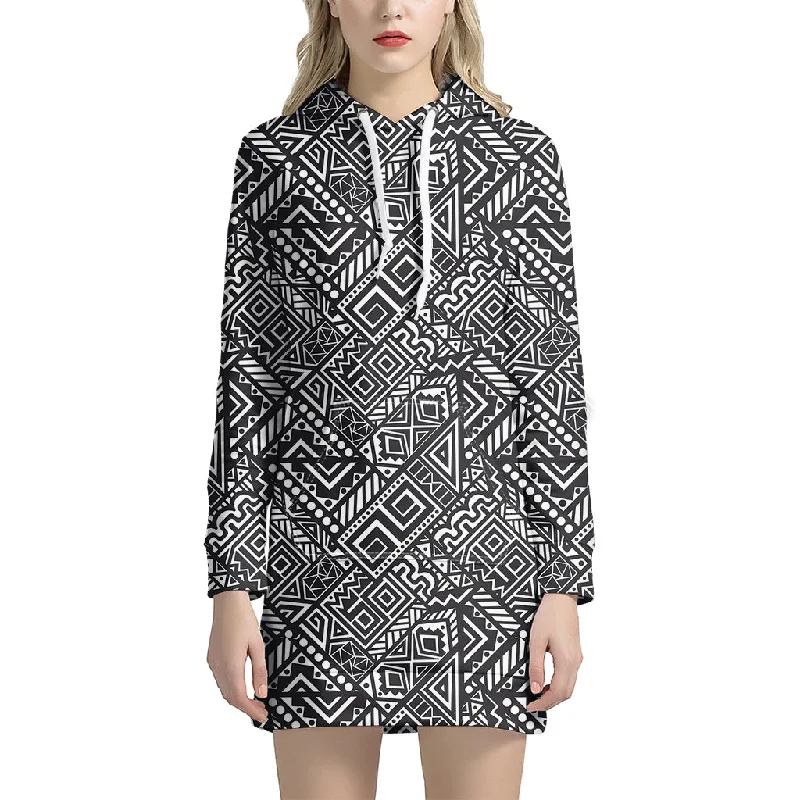 Black And White African Tribal Print Pullover Hoodie Dress