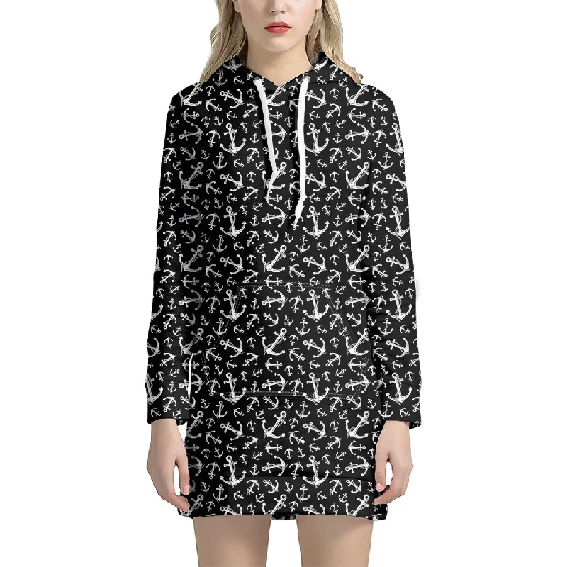 Black And White Anchor Pattern Print Pullover Hoodie Dress