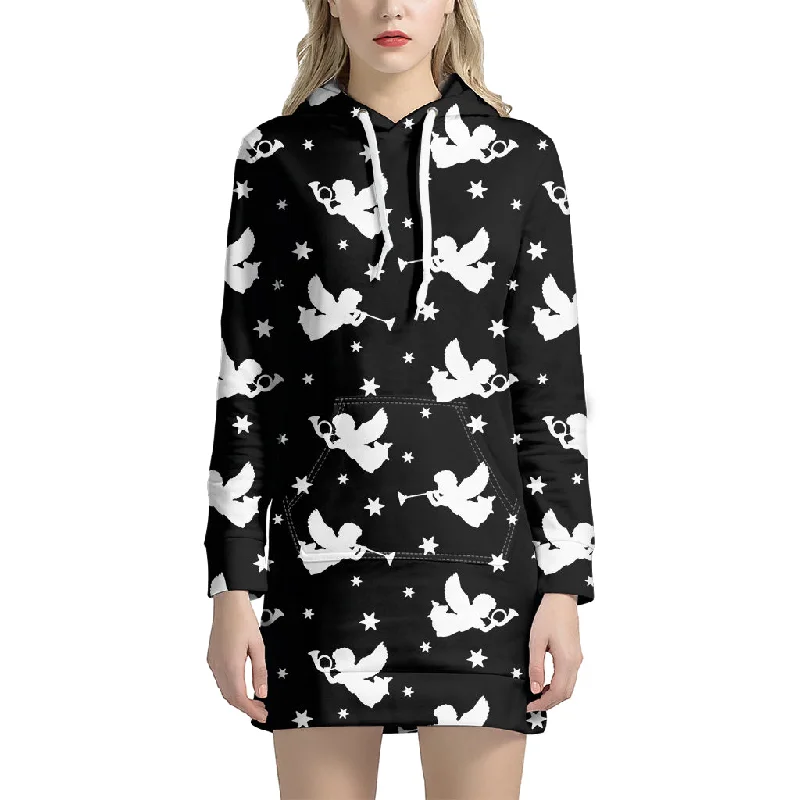 Black And White Angel Pattern Print Pullover Hoodie Dress
