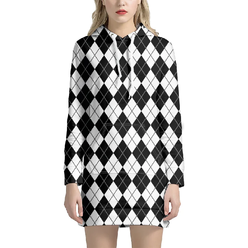 Black And White Argyle Pattern Print Pullover Hoodie Dress