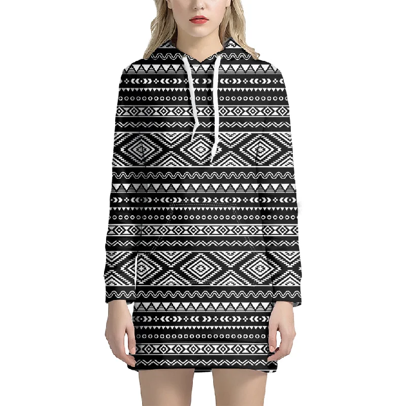 Black And White Aztec Ethnic Print Pullover Hoodie Dress
