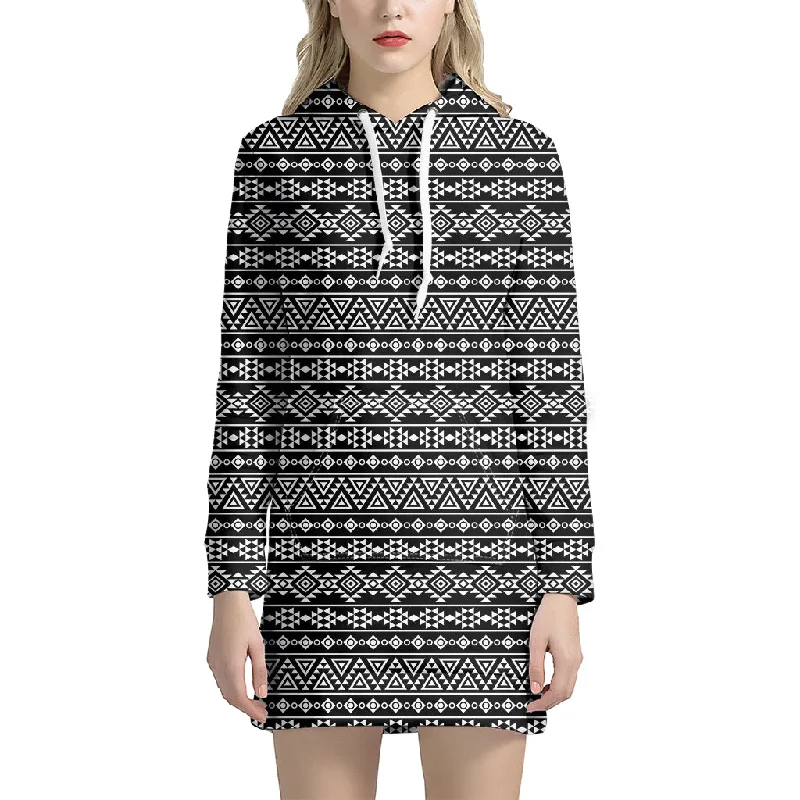 Black And White Aztec Geometric Print Pullover Hoodie Dress
