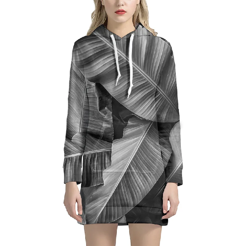 Black And White Banana Leaf Print Pullover Hoodie Dress