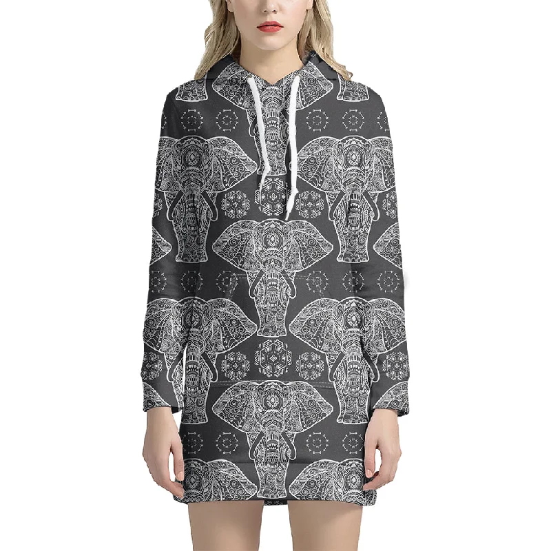 Black And White Boho Elephant Print Pullover Hoodie Dress