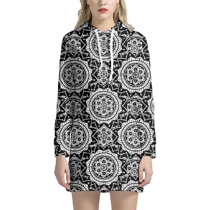 Black And White Boho Mandala Print Pullover Hoodie Dress