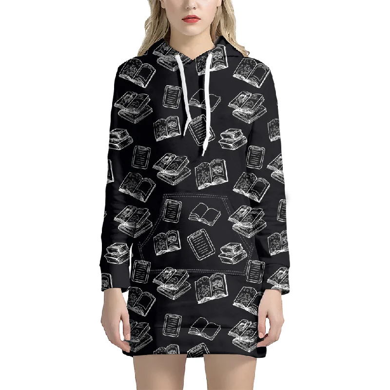 Black And White Books Pattern Print Pullover Hoodie Dress