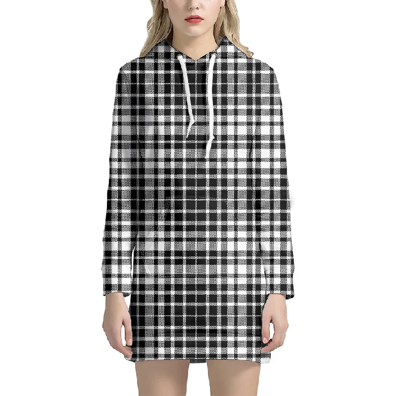 Black And White Border Tartan Print Pullover Hoodie Dress