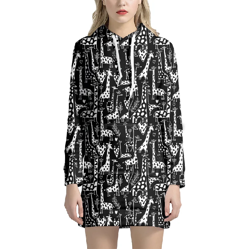 Black And White Cartoon Giraffe Print Pullover Hoodie Dress