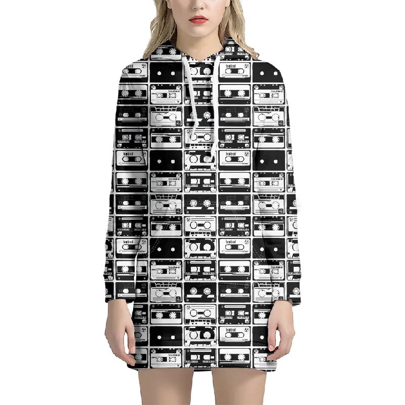 Black And White Cassette Tape Print Pullover Hoodie Dress
