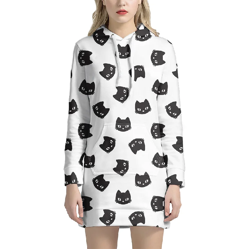Black And White Cat Pattern Print Pullover Hoodie Dress