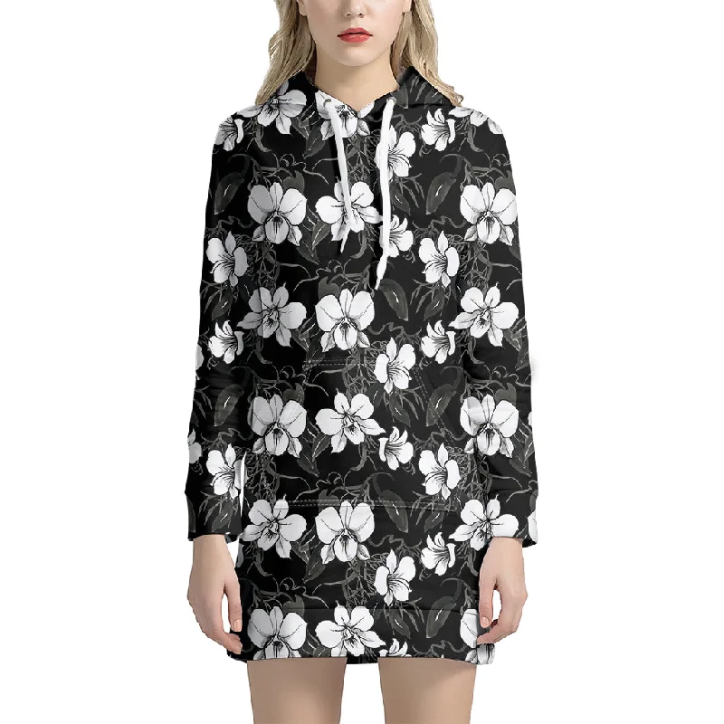 Black And White Cattleya Pattern Print Pullover Hoodie Dress