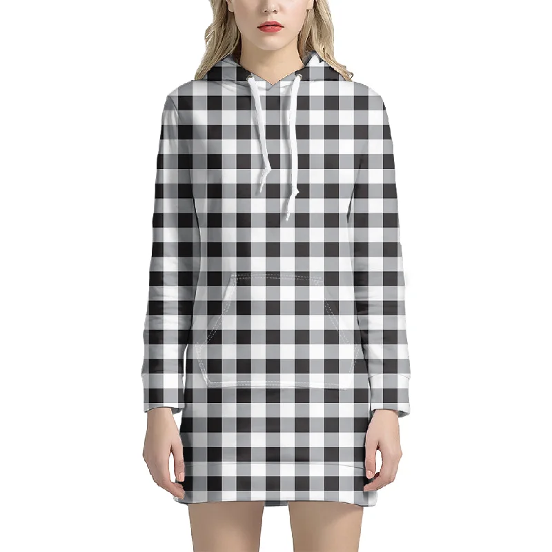 Black And White Check Pattern Print Pullover Hoodie Dress