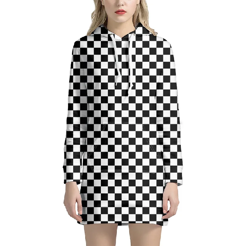 Black And White Checkered Pattern Print Pullover Hoodie Dress