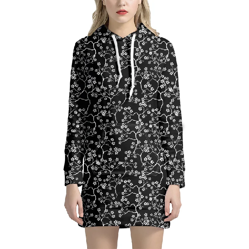 Black And White Cherry Blossom Print Pullover Hoodie Dress