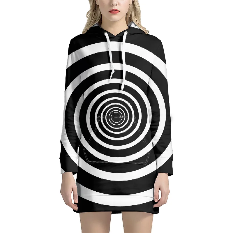 Black And White Circle Swirl Print Pullover Hoodie Dress