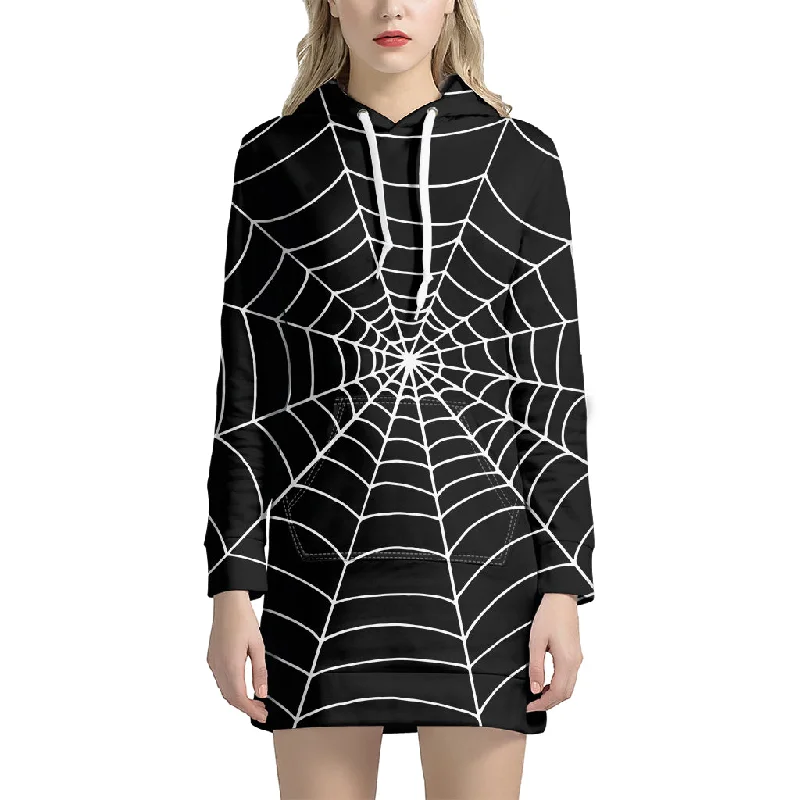 Black And White Cobweb Print Pullover Hoodie Dress