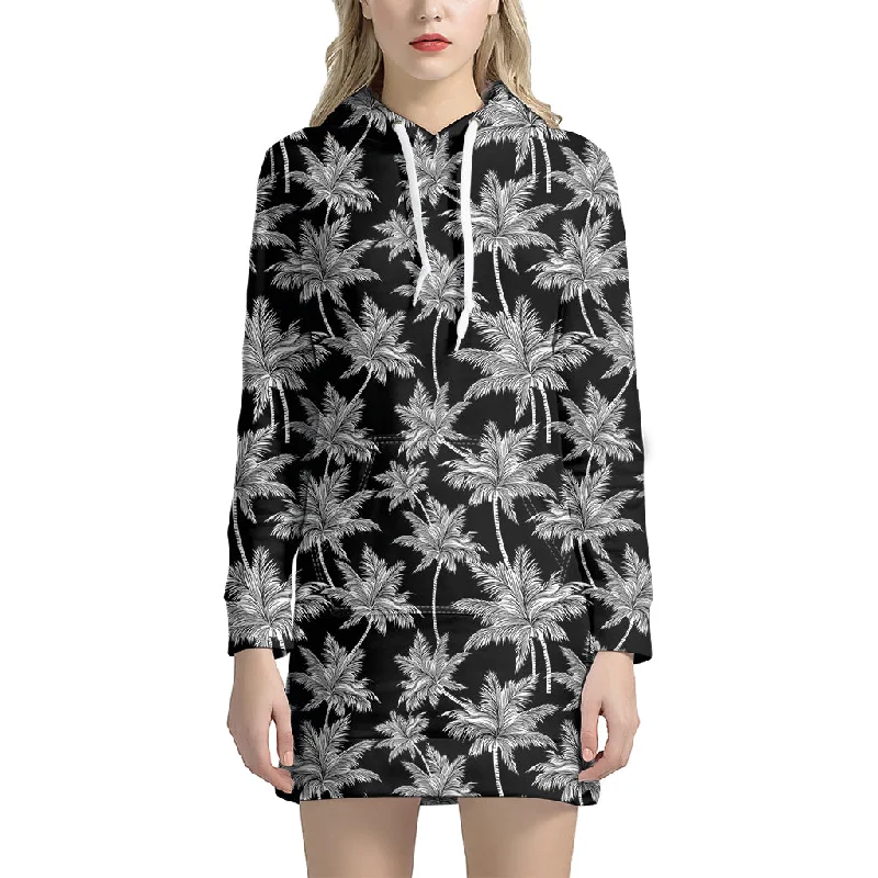 Black And White Coconut Tree Print Pullover Hoodie Dress