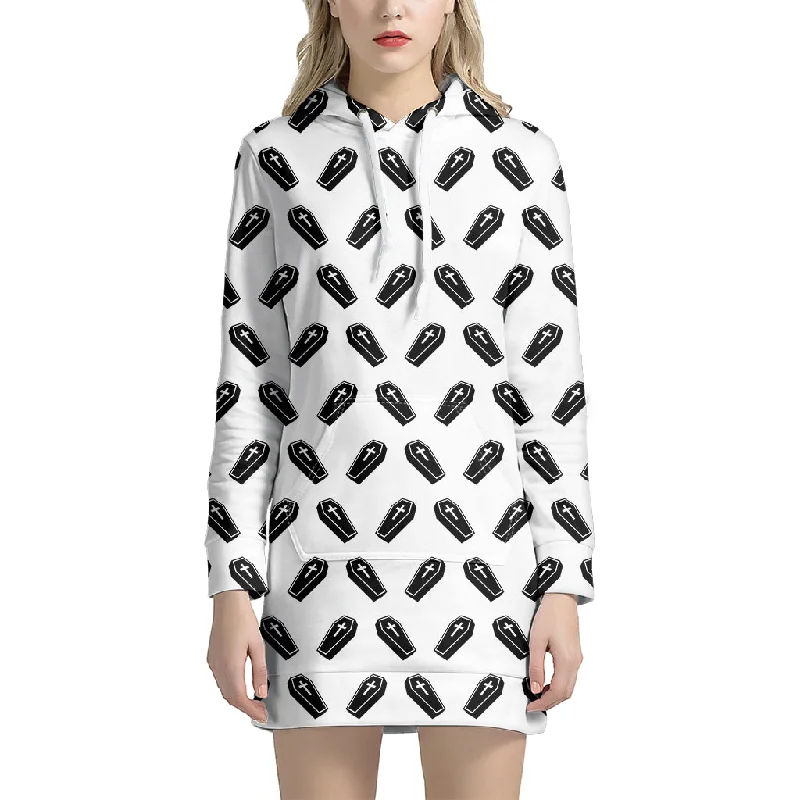 Black And White Coffin Pattern Print Pullover Hoodie Dress