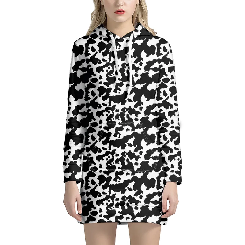 Black And White Cow Pattern Print Pullover Hoodie Dress