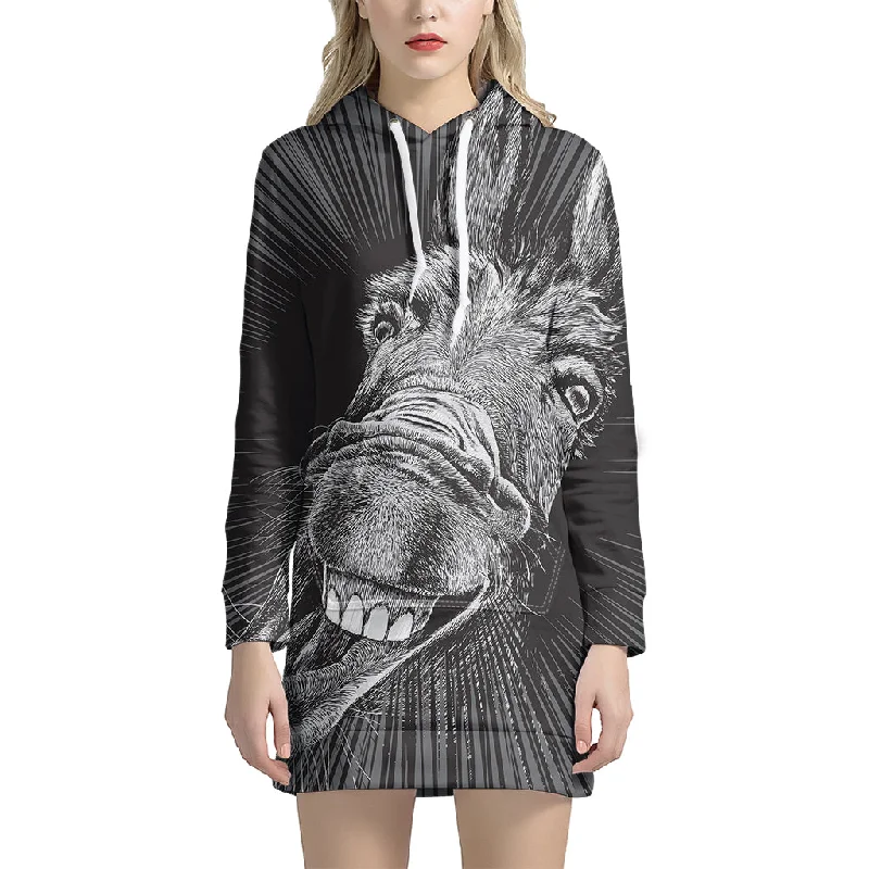 Black And White Crazy Donkey Print Pullover Hoodie Dress