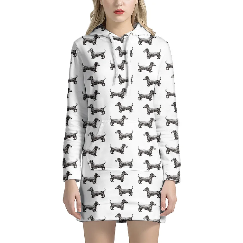 Black And White Dachshund Pattern Print Pullover Hoodie Dress